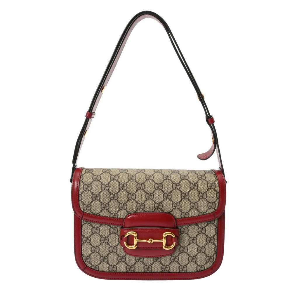 GUCCI Horsebit Beige Red GG Supreme Canvas Leather Shoulder Bag